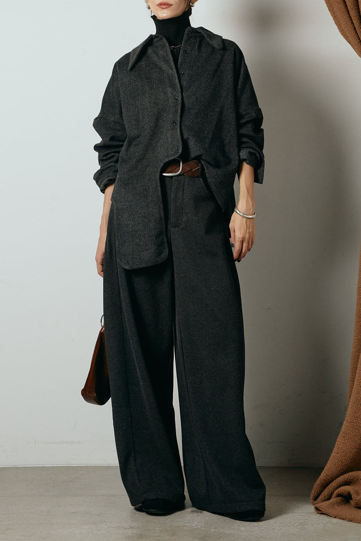 [SET]裾アシンメトリーデザインシャツ+編みベルト付きワイドパンツ+リブニットシームレスタートルプルオーバー(3set)