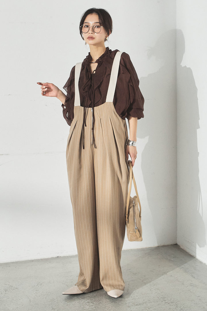 [SET]フロントリボンフリルブラウス+ピンストライプツータックサロペット(2set)