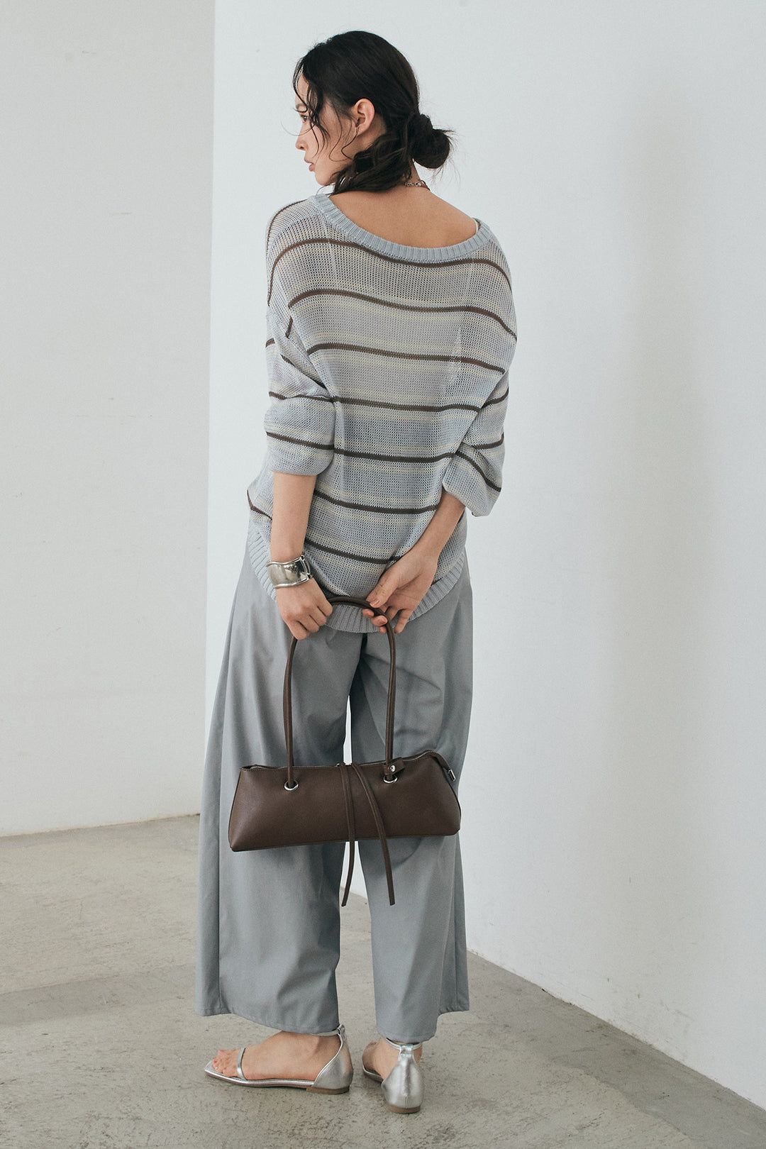 [SET]綿タッチVネックボーダートップス+ウォッシャブルエコレザータックパンツ(2set)