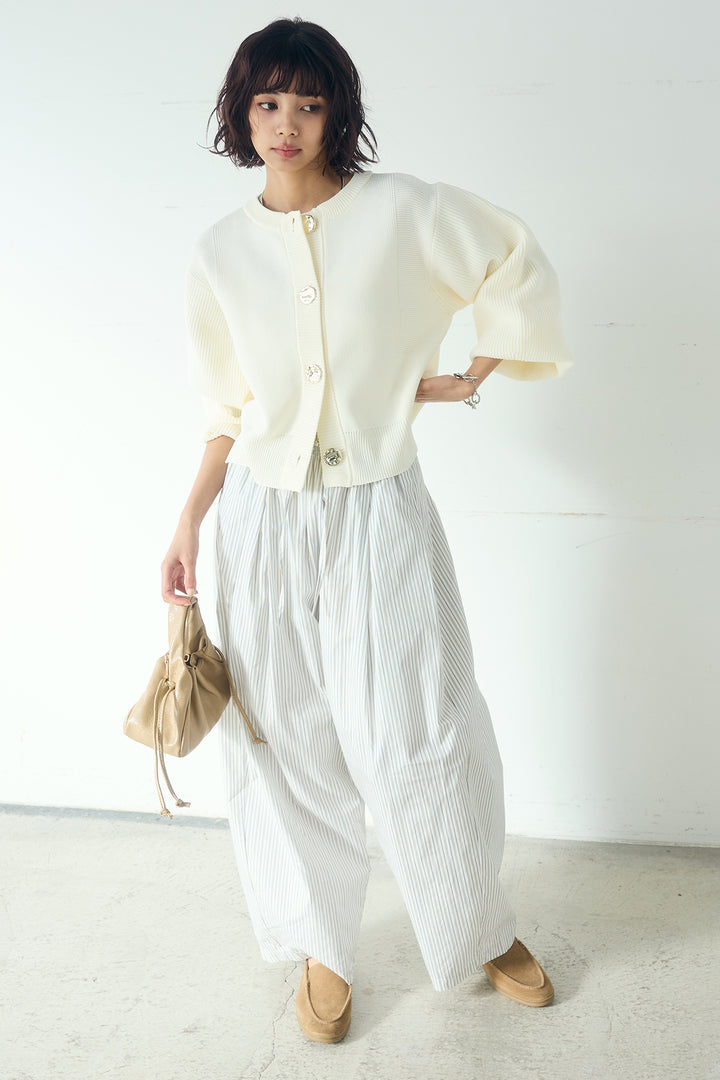 [SET]スポンディッシュBIGボタンクルーネックカーディガン+ランダムストライプタックギャザーパンツ(2set)