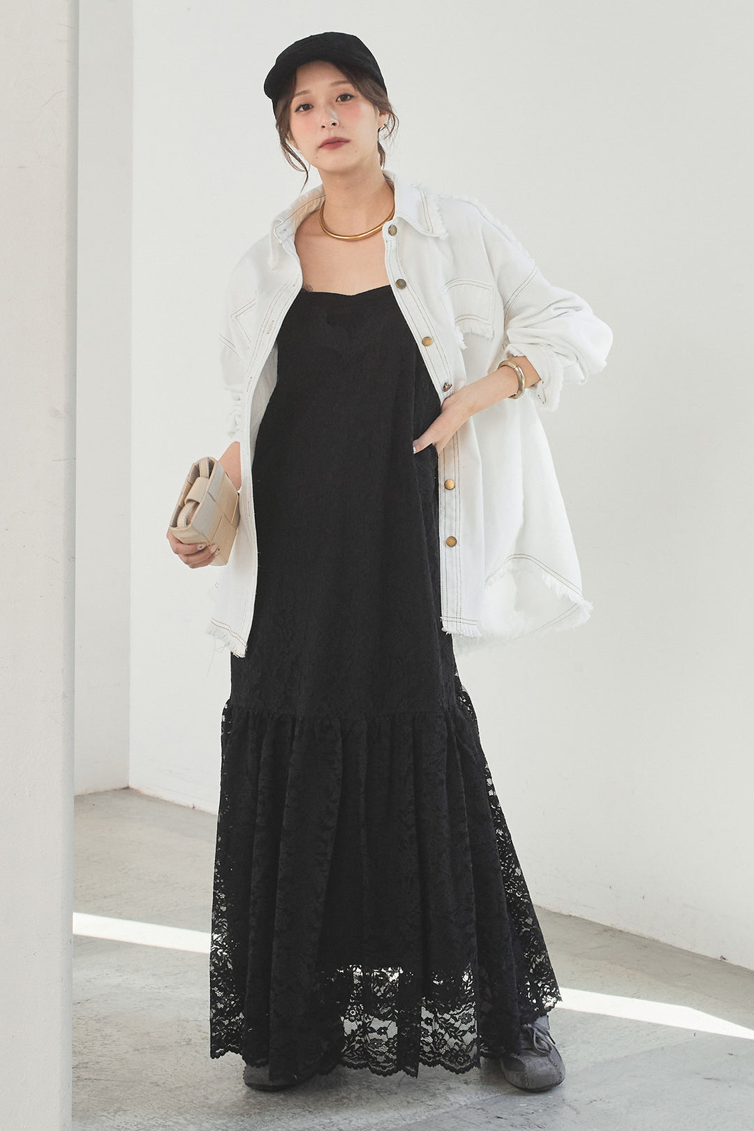 [SET]フリンジデニムジャケット+レース刺繍フレアキャミワンピース(2set)