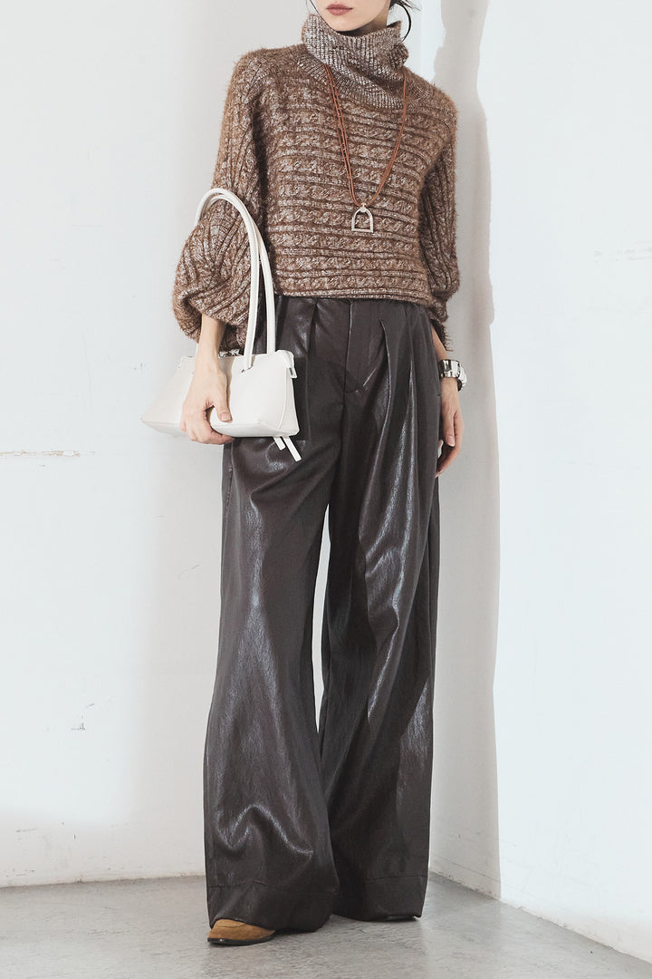 [SET]ミックス編みドルマンニットトップス+ベルト付きレザーライクタックパンツ(2set)