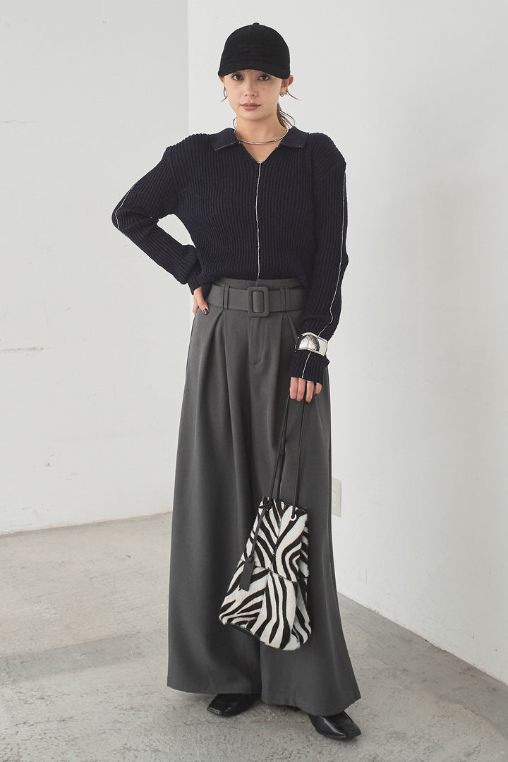 [SET]衿付きニットプルオーバー+ベルト付きツータックワイドパンツ(2set)