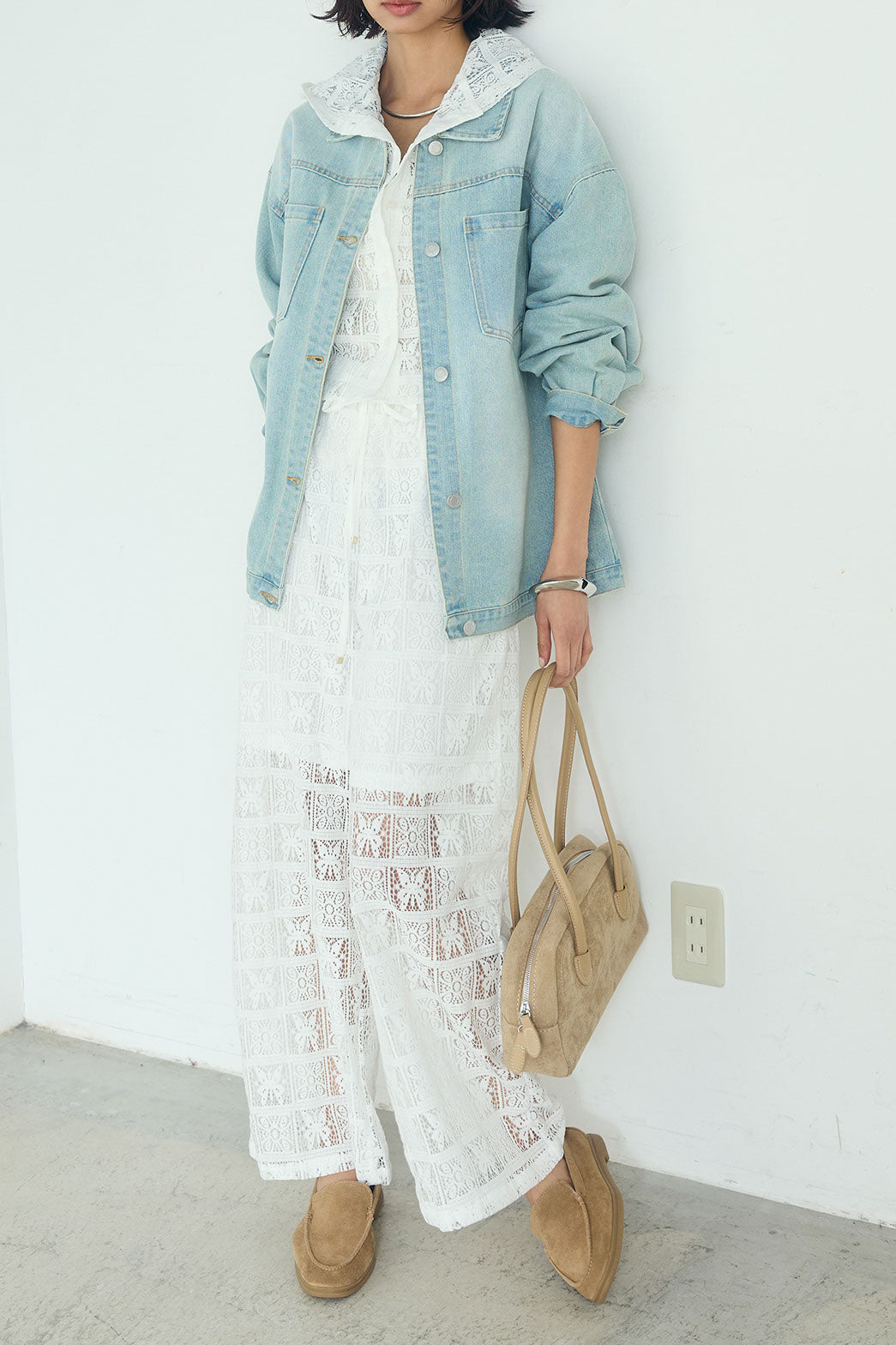 [SET]デニムオーバーサイズジャケット+パッチワークレースイージーパンツ+パッチワークレースショート丈フードシャツ(3set)