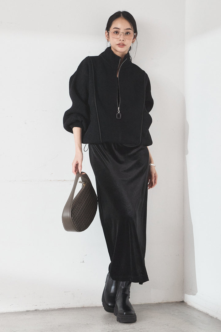 [SET]ハイネックパイピングデザインブルゾン+ベロアバレエネックワンピース(2set)