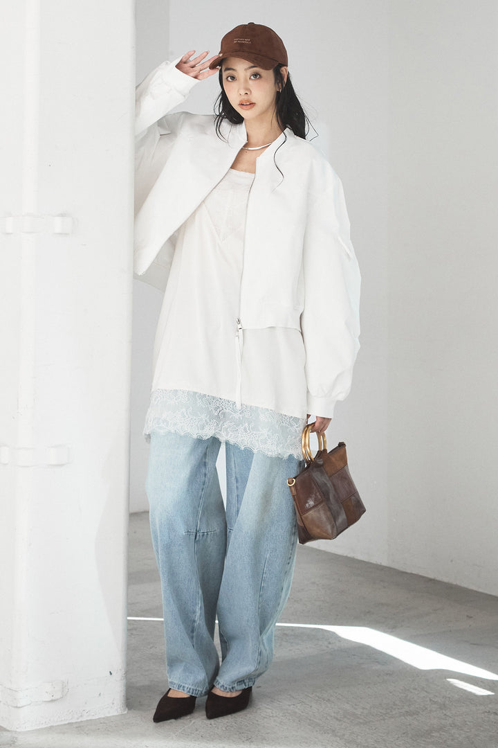 [SET]袖ギャザーデザインブルゾン+デニムアシメカーブパンツ(2set)