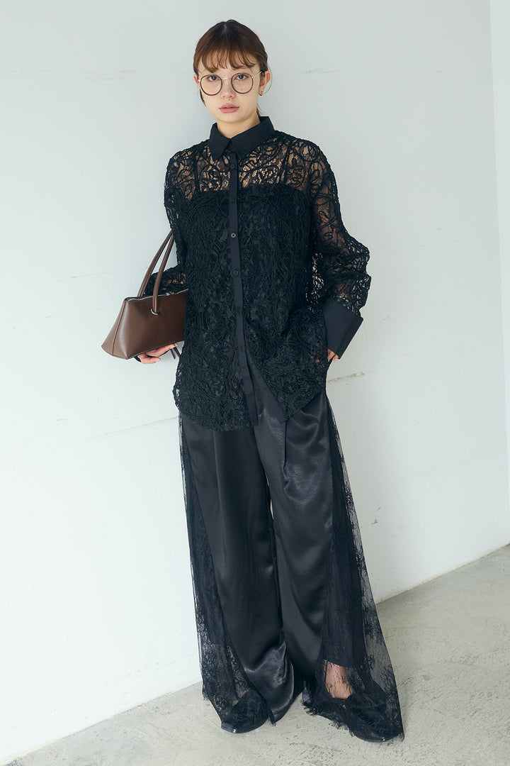 [SET]刺繍レースオーバーサイズシャツ+サテンレース切り替えタックパンツ(2set)
