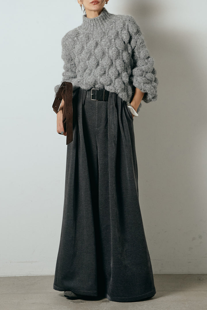 [SET]ボリュームポップコーンニットトップス+ベルトループコーデュロイワイドパンツ(2set)
