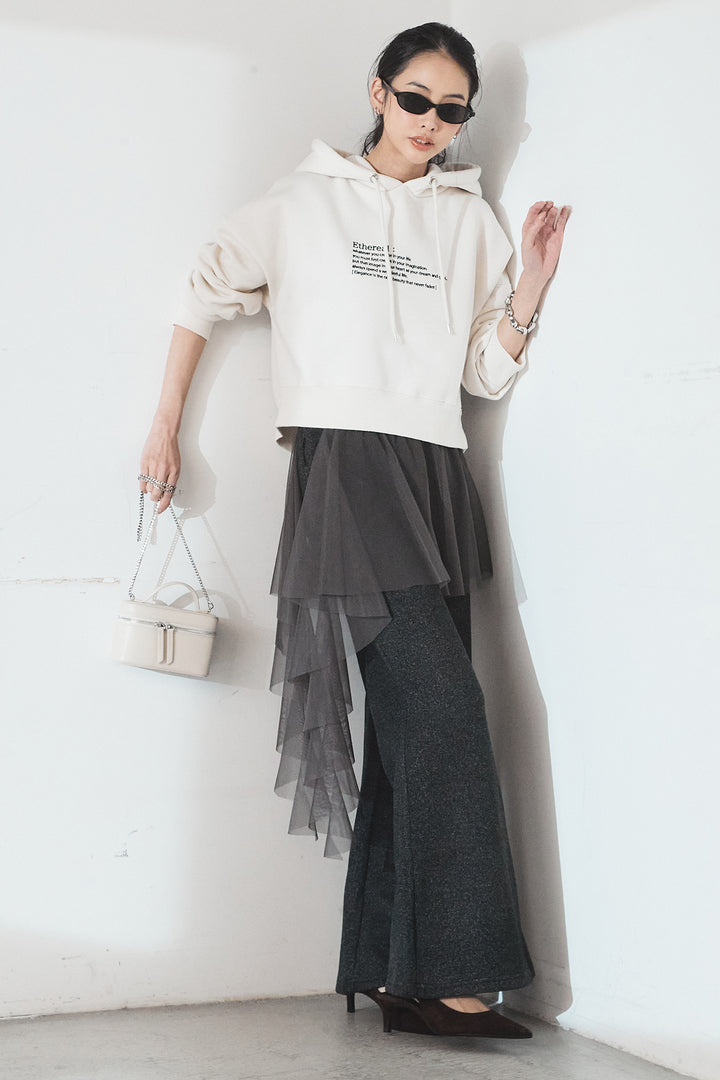 [SET]裏起毛レタリング刺繍フーディショートプルオーバー+チュールレイヤードニットパンツ(2set)