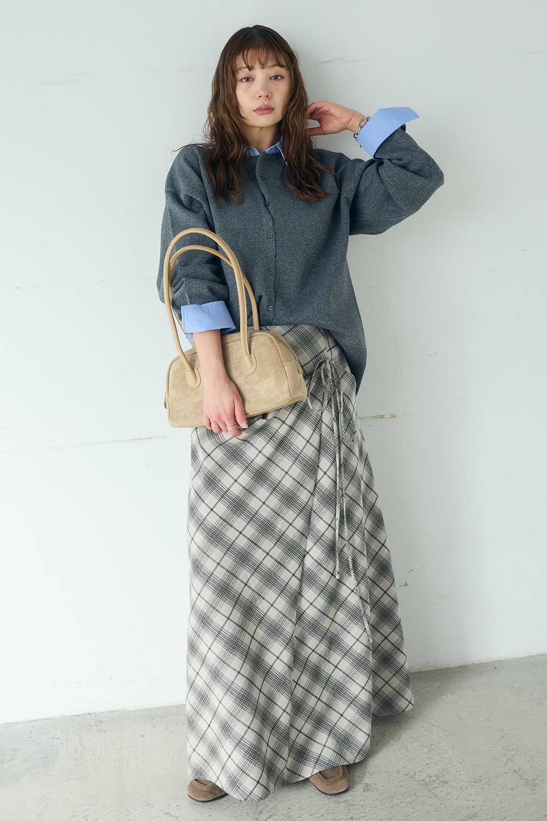 [SET]シャツレイヤード風カーディガン+タータンチェック柄フロントデザインスカート(2set)