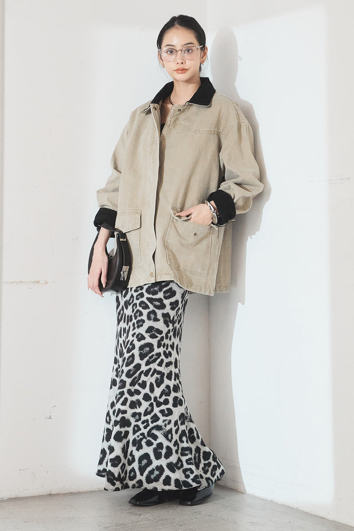 [SET]襟コーデュロイデザインデニム調カバーオール+レオパードサテンナロースカート(2set)