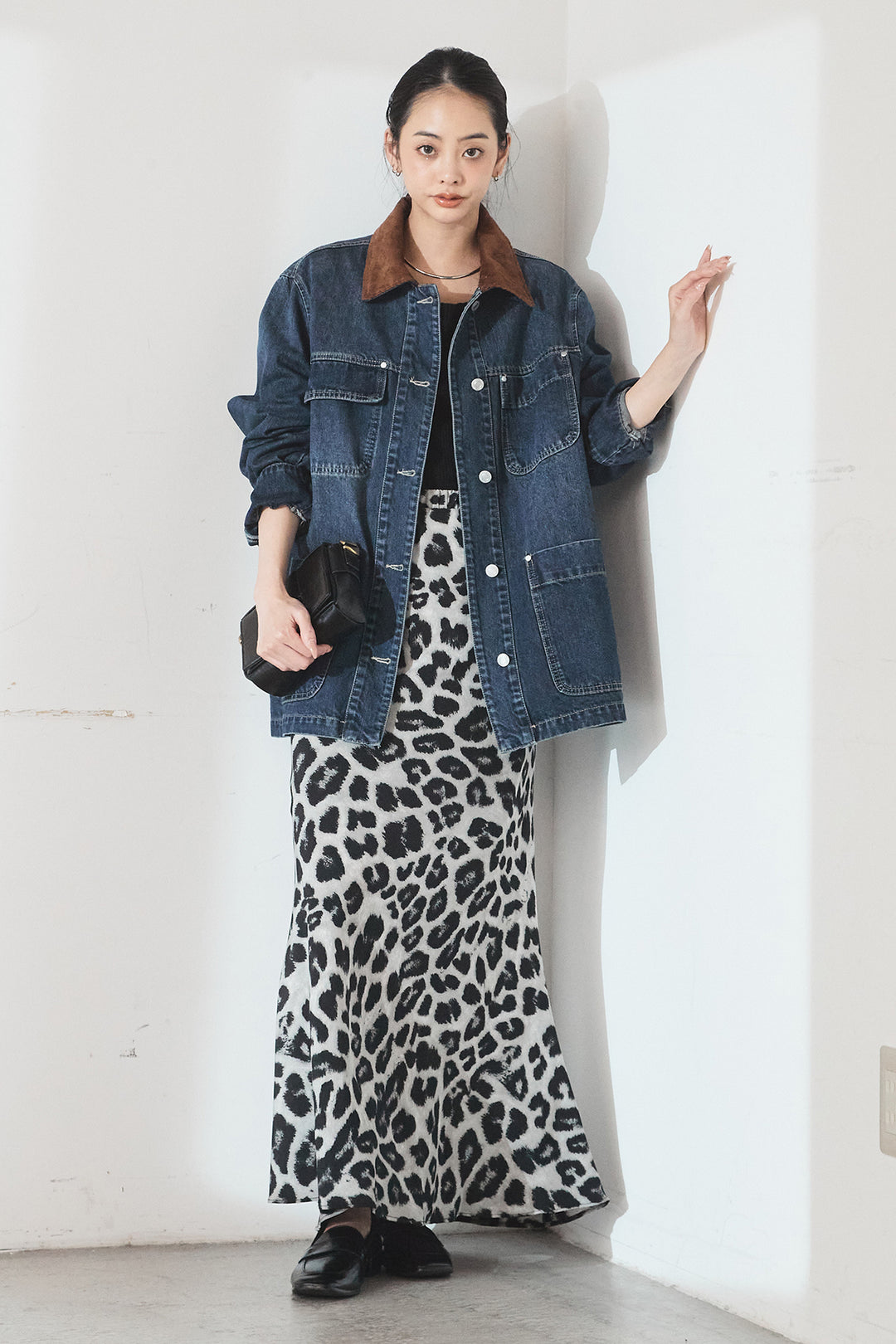[SET]襟コーデュロイデニムカバーオール+レオパードサテンナロースカート(2set)