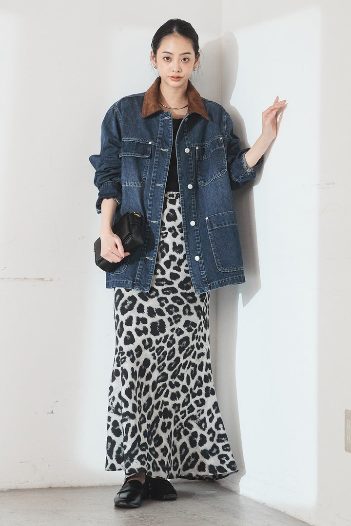 [SET]襟コーデュロイデニムカバーオール+レオパードサテンナロースカート(2set)
