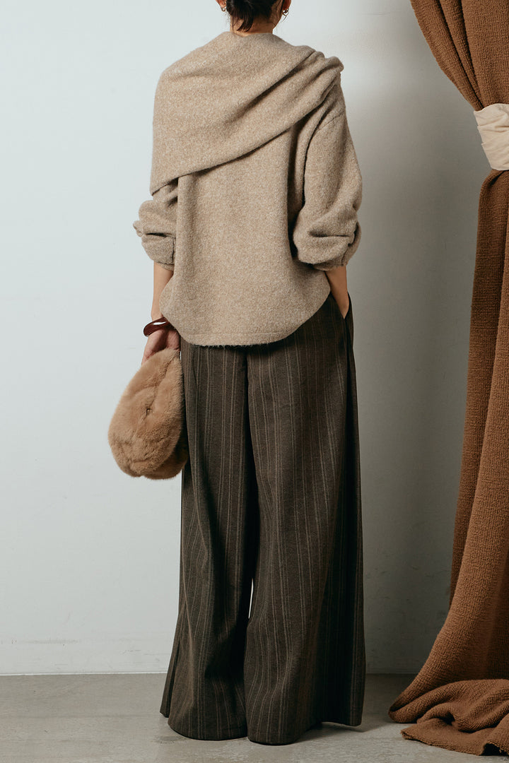[SET]ネック巻きデザインニットトップス+タック入りマルチストライプ柄ワイドパンツ(2set)