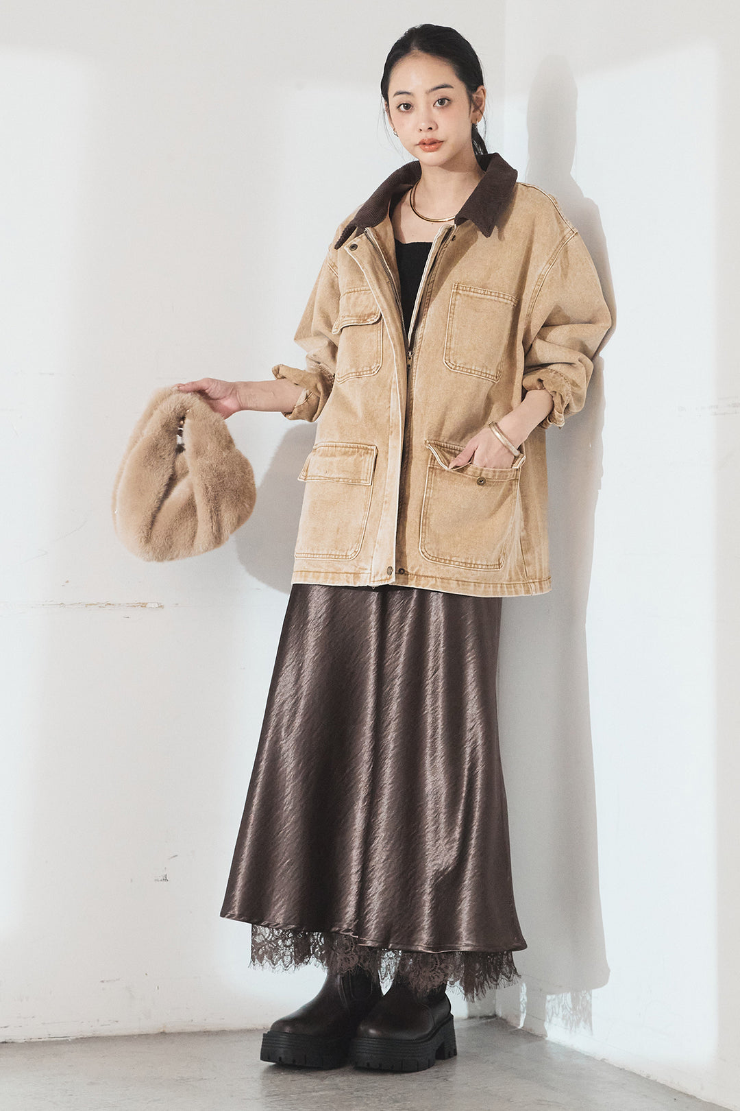 [SET]襟コーデュロイジップデニム調カバーオール+裾レースデザインサテンスカート(2set)