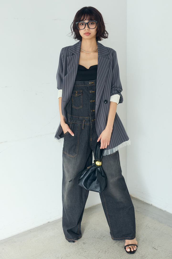 [SET]裾フリルダブルジャケット+デニムサロペットワイドパンツ(2set)