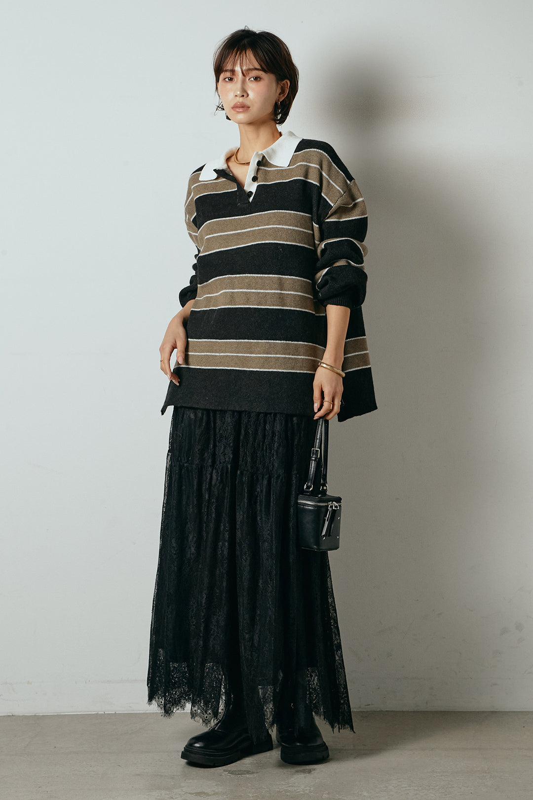 [SET]ラガーニットボーダーポロプルオーバー+ひげレース切替ロング丈スカート(2set)