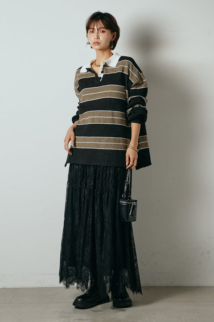 [SET]ラガーニットボーダーポロプルオーバー+ひげレース切替ロング丈スカート(2set)