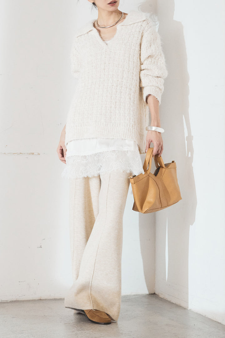 [SET]襟付きVネックニットトップス+レース切り替えキャミソール(2set)