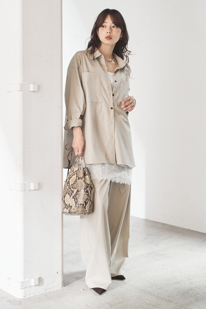 [SET]ウォッシャブルエコレザービックカフスシャツ+ウォッシャブルエコレザータックパンツ(2set)