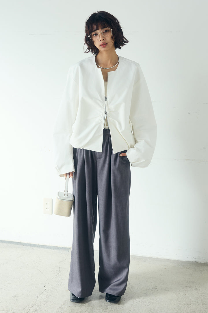 [SET]ノーカラーフロントギャザージップアウター+ツイルメニータックパンツ(2set)