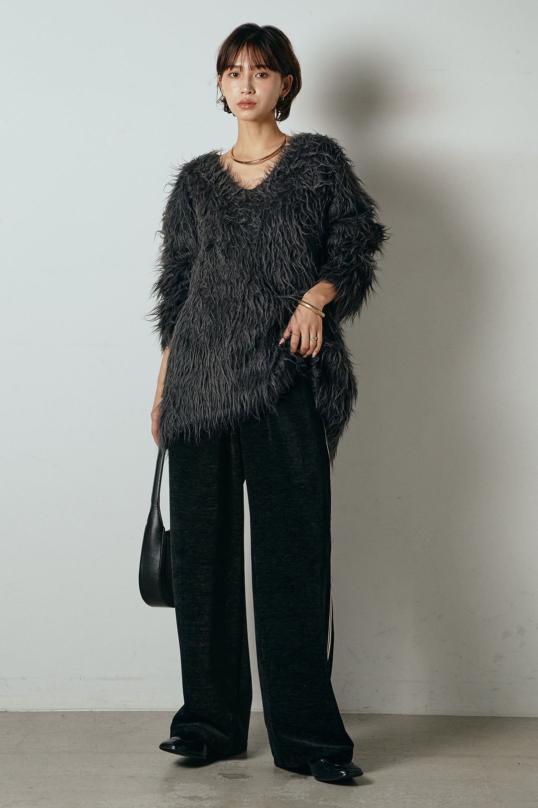 [SET]深Vネックシャギーニットトップス+リラックスサイドラインベロアワイドパンツ(2set)