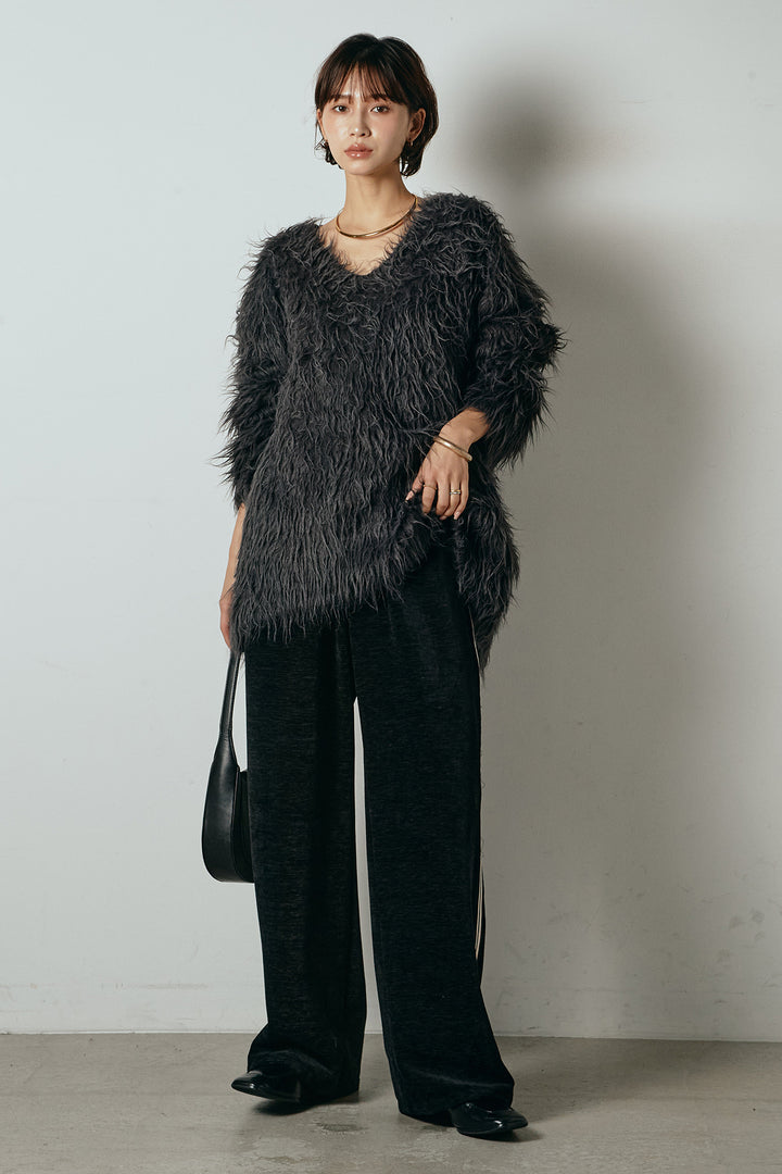 [SET]深Vネックシャギーニットトップス+リラックスサイドラインベロアワイドパンツ(2set)