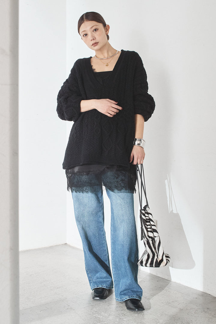 [SET]ケーブルVニットセーター+デニムサイドカットパンツ(2set)