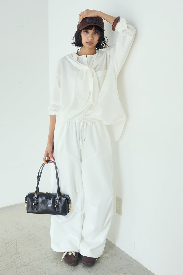 [SET]無地タイ付フーディーBIGシャツ+ランダムタックデザインワイドパンツ(2set)