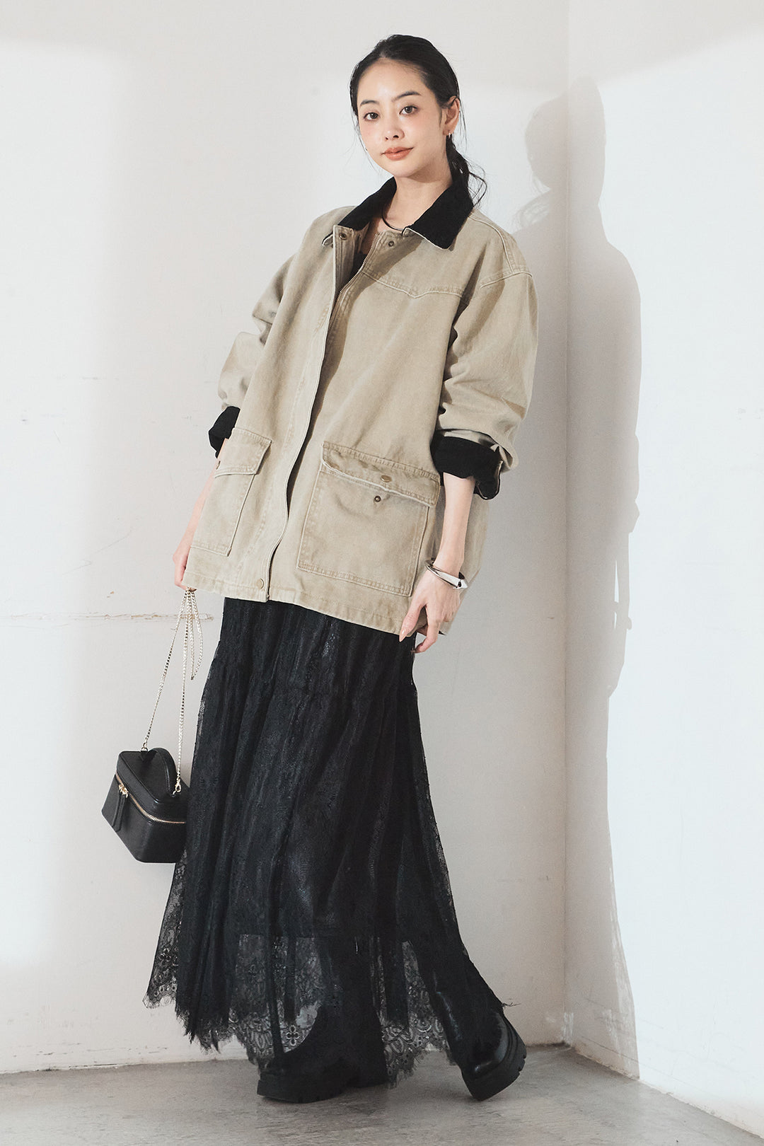 [SET]襟コーデュロイデザインデニム調カバーオール+ひげレース切替ロング丈スカート(2set)