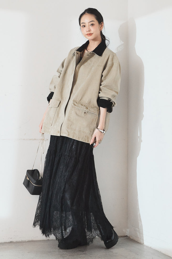 [SET]襟コーデュロイデザインデニム調カバーオール+ひげレース切替ロング丈スカート(2set)