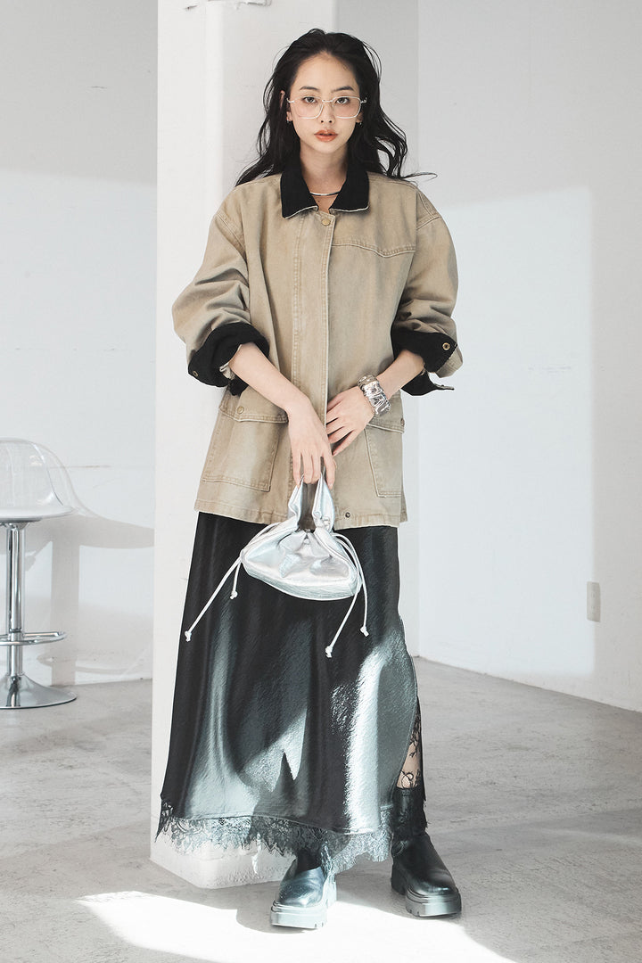 [SET]襟コーデュロイデザインデニム調カバーオール+裾レースデザインサテンスカート(2set)