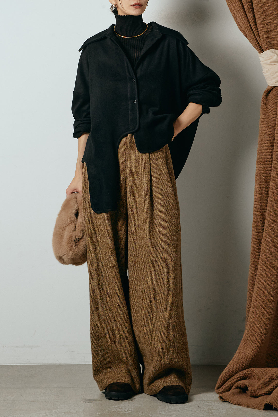 [SET]裾アシンメトリーデザインシャツ+タックツイードワイドパンツ(2set)