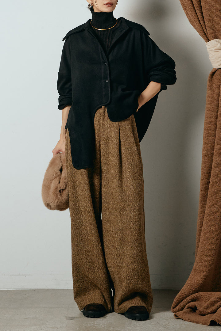 [SET]裾アシンメトリーデザインシャツ+タックツイードワイドパンツ(2set)