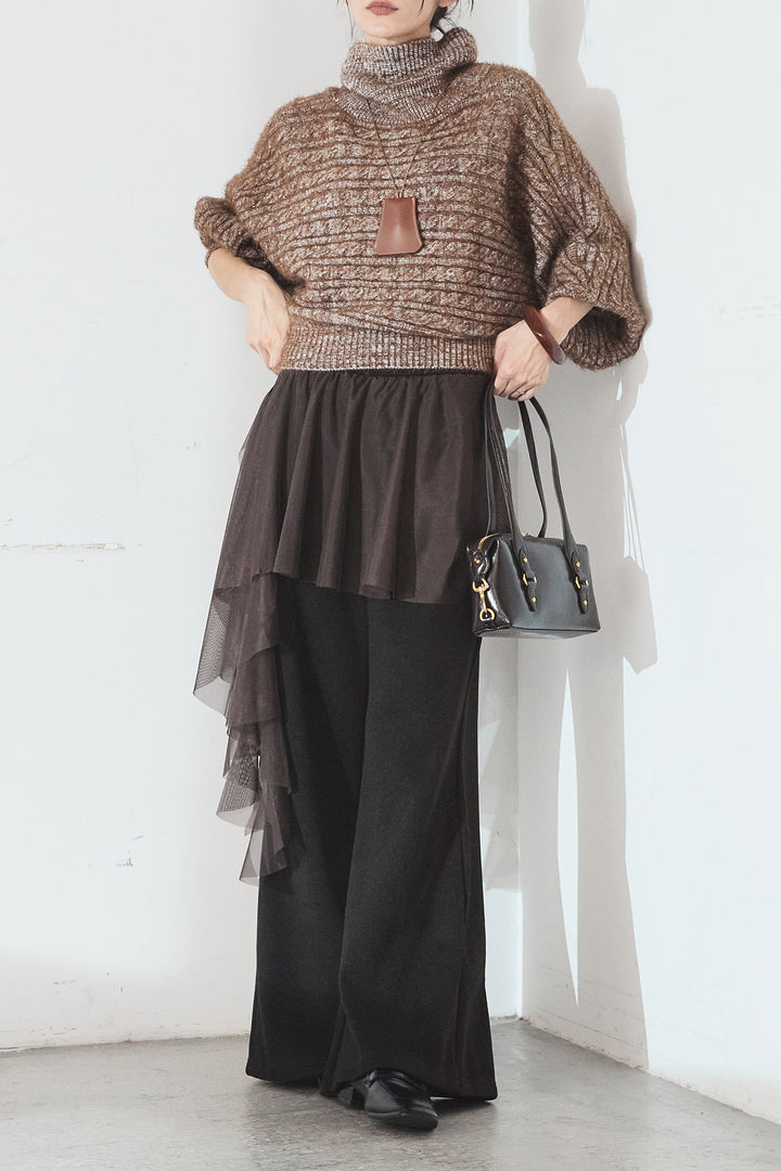[SET]ミックス編みドルマンニットトップス+チュールレイヤードニットパンツ(2set)