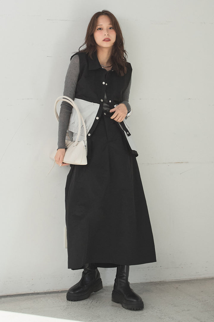 [SET]襟付きナイロンベスト+サイドデザインナイロンスカート(2set)