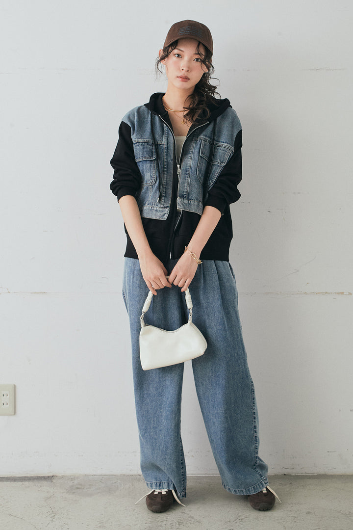 [SET]デニム切替ポンチダブルジップパーカー+テンセルデニムイージーワイドパンツ(2set)