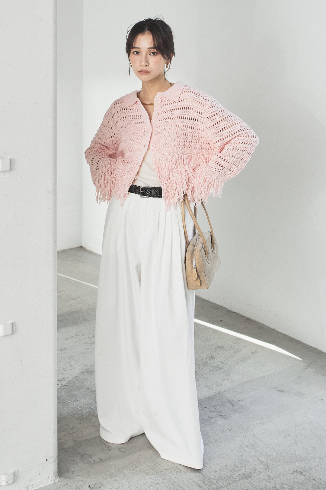 [SET]メッシュフリンジカーディガン+編みベルト付きウエストタックワイドパンツ(2set)