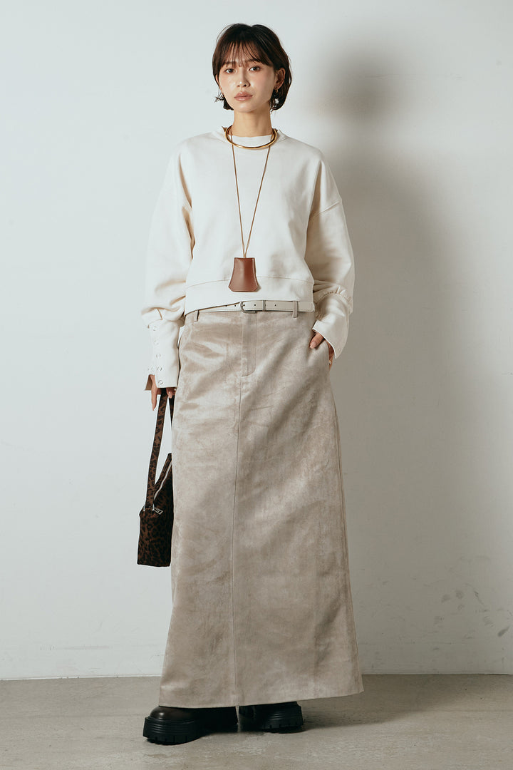 [SET]裏毛バックオープンプルオーバー+エコスウェードワイドスカート+ストレッチレースクルーネックインナー(3set)