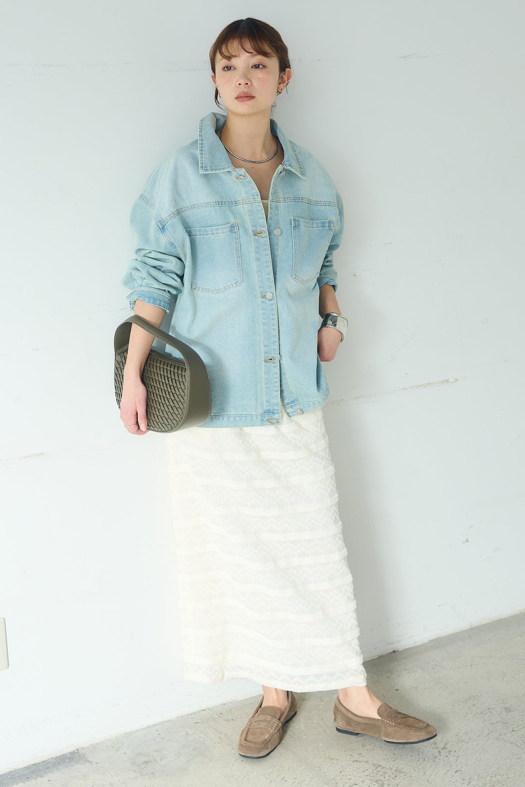 [SET]デニムオーバーサイズジャケット+ジャガードカットソータイトスカート(2set)