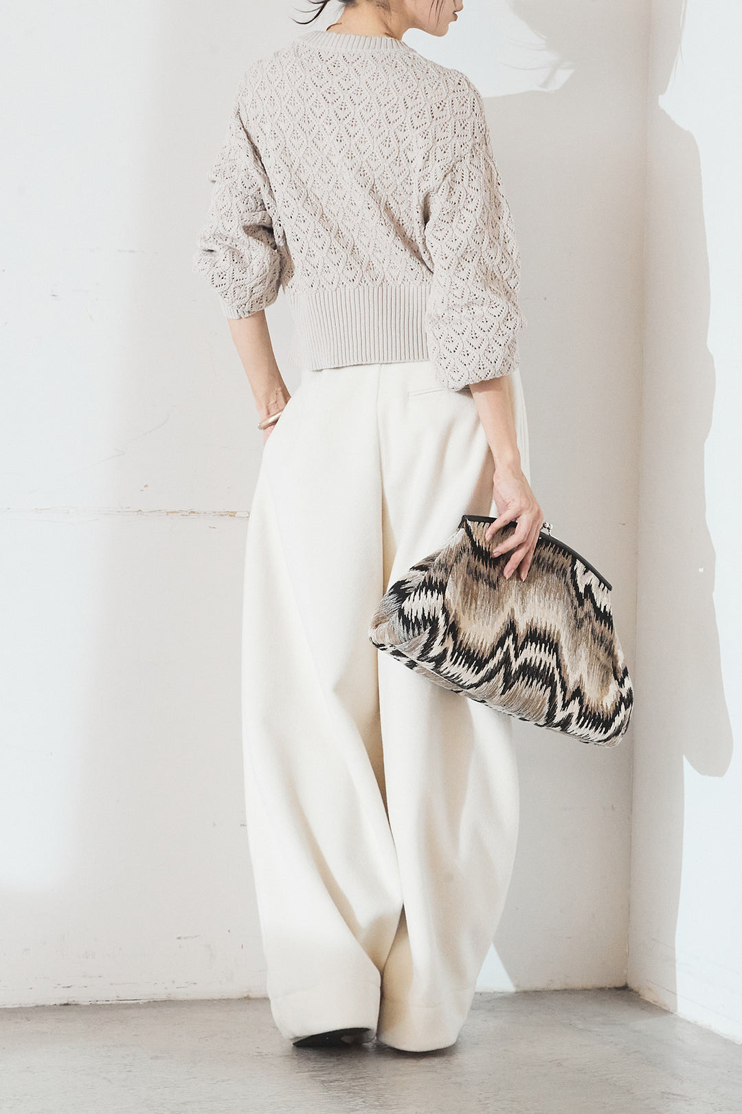 [SET]透かし編みニットジップスリットプルオーバー+ウールタッチカーブワイドパンツ(2set)