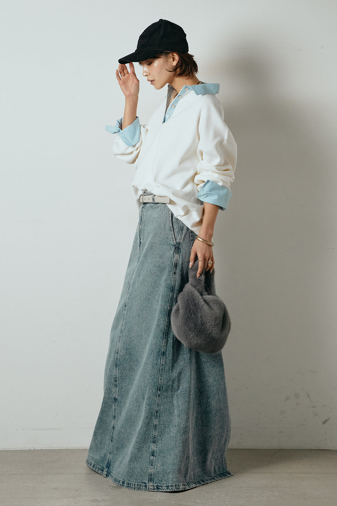 [SET]ストライプシャツドッキングポロトップス+デニムロングフレアスカート(2set)