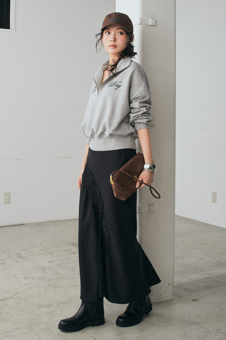 [SET]裏毛ロゴ刺繍ハーフZIPスウェット+刺繍レースデザインサテンスカート(2set)