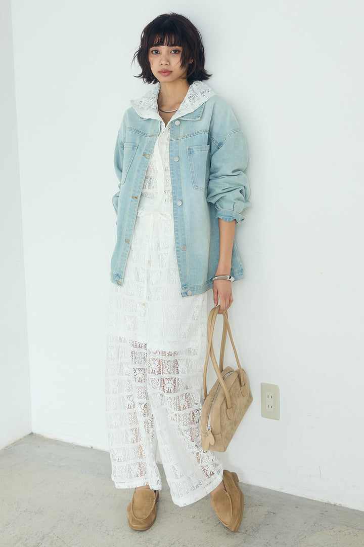 [SET]パッチワークレースショート丈フードシャツ+パッチワークレースイージーパンツ(2set)