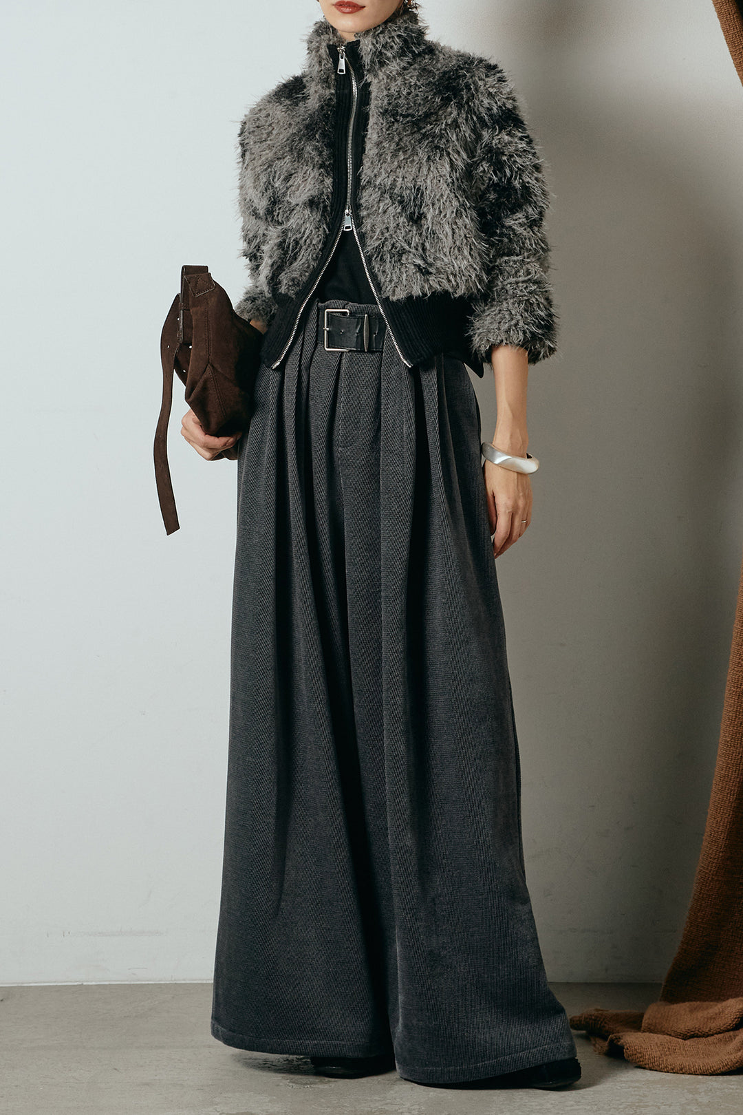 [SET]エコファースタンドカラーニュアンス柄ブルゾン+ベルトループコーデュロイワイドパンツ(2set)