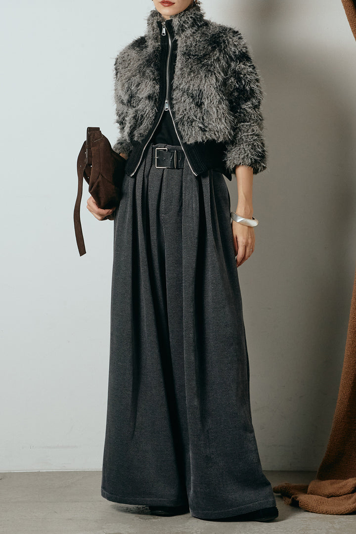 [SET]エコファースタンドカラーニュアンス柄ブルゾン+ベルトループコーデュロイワイドパンツ(2set)