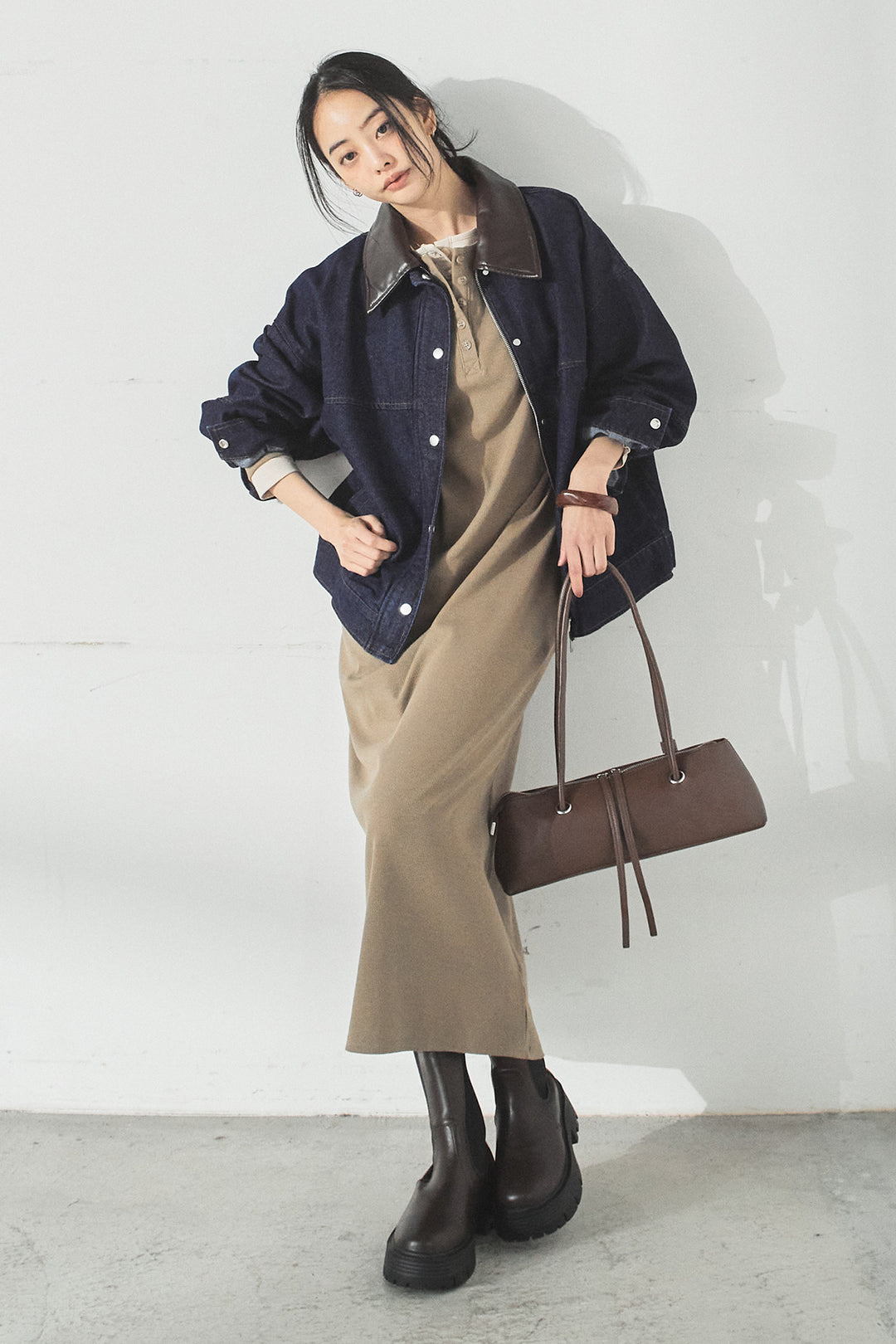 [SET]加工デニムレザー襟付きデニムブルゾン+カットリブレイヤードヘンリーネックワンピース(2set)