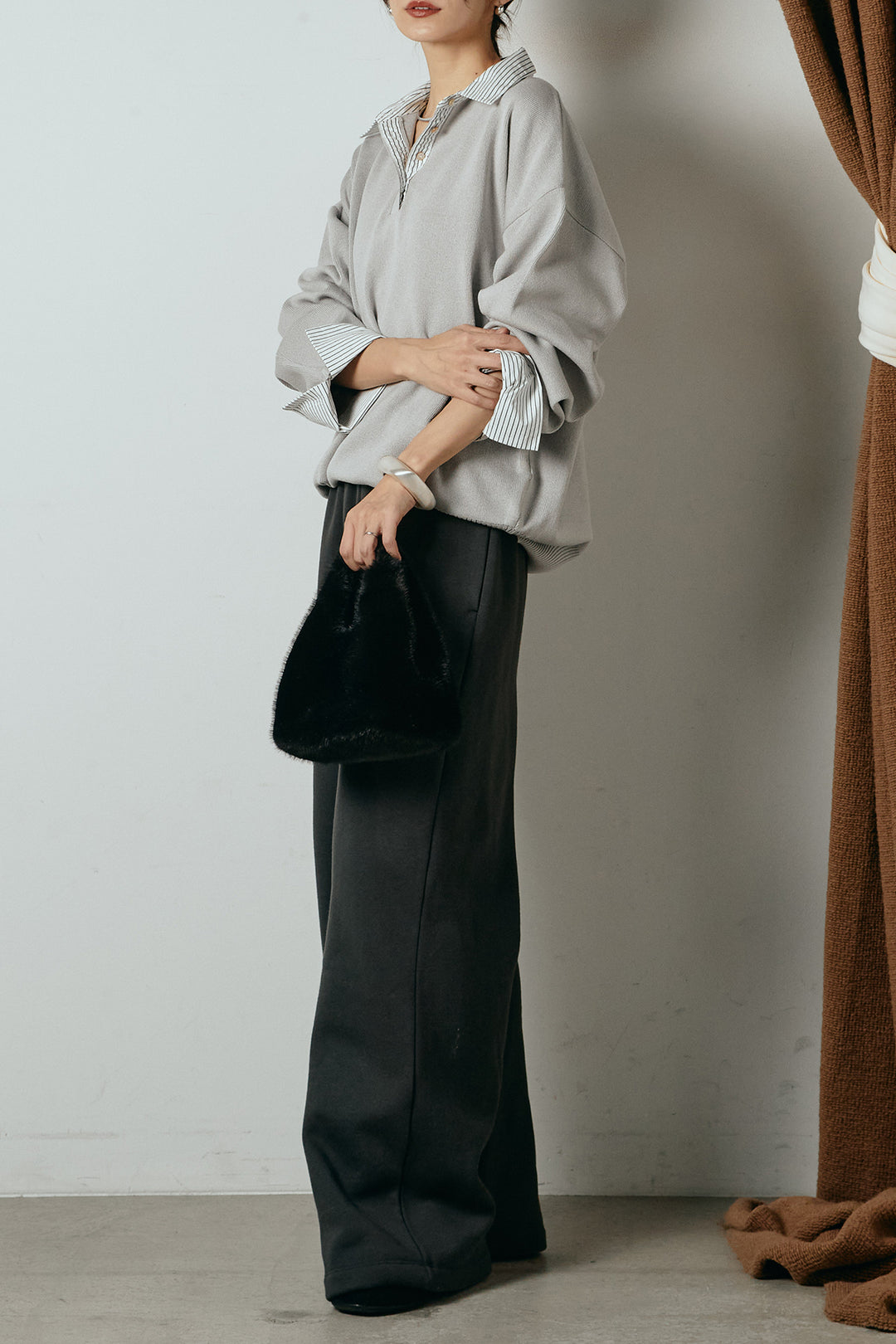 [SET]ストライプシャツドッキングポロトップス+裏起毛スウェットワイドパンツ(2set)