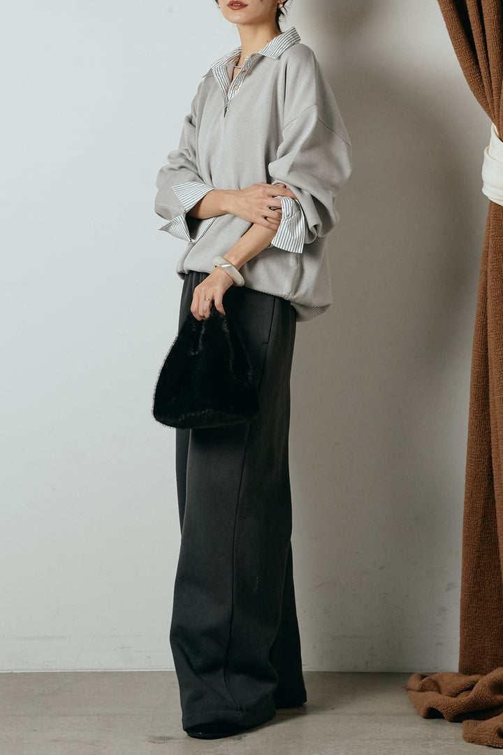 [SET]ストライプシャツドッキングポロトップス+裏起毛スウェットワイドパンツ(2set)