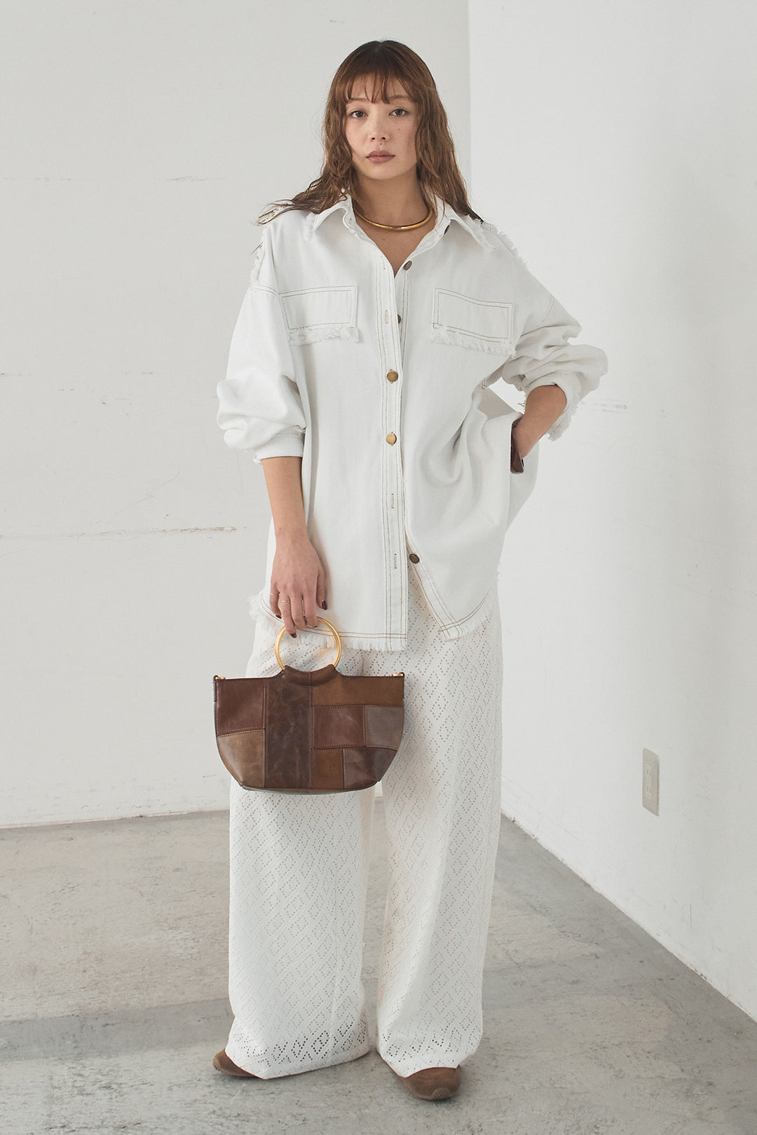 [SET]フリンジデニムジャケット+ダイヤ柄レースロングイージーパンツ(2set)